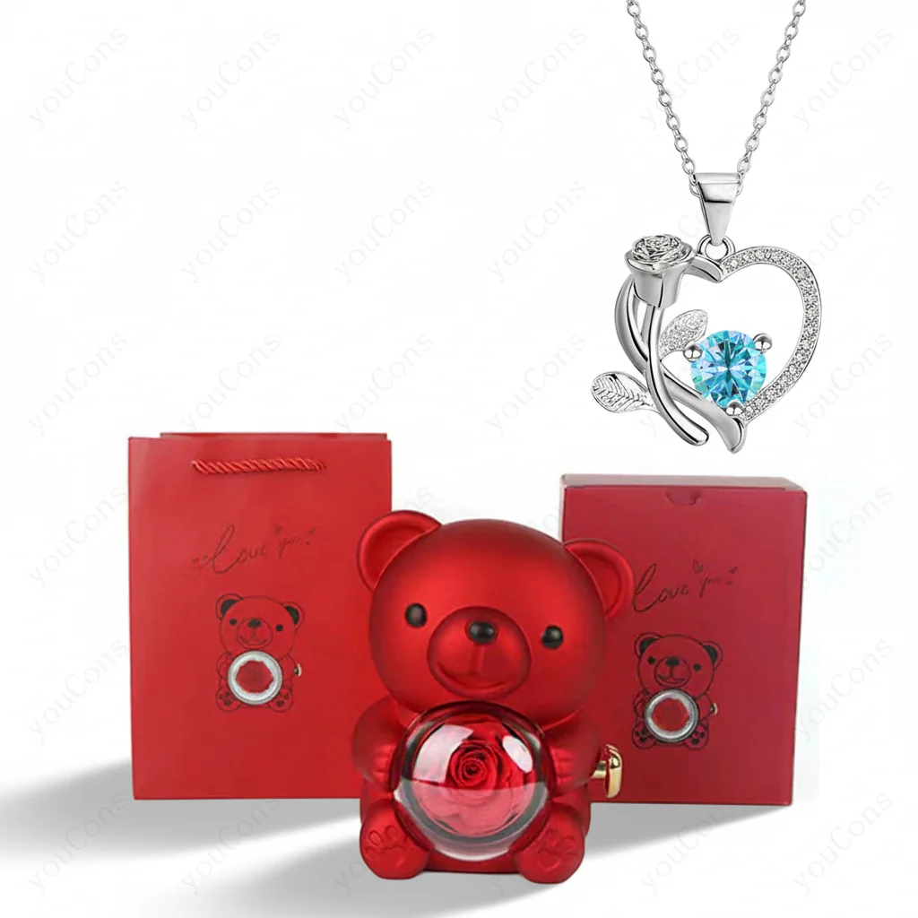 Necklace Heart Pendant Zircon Bear Rose Gift Box Women