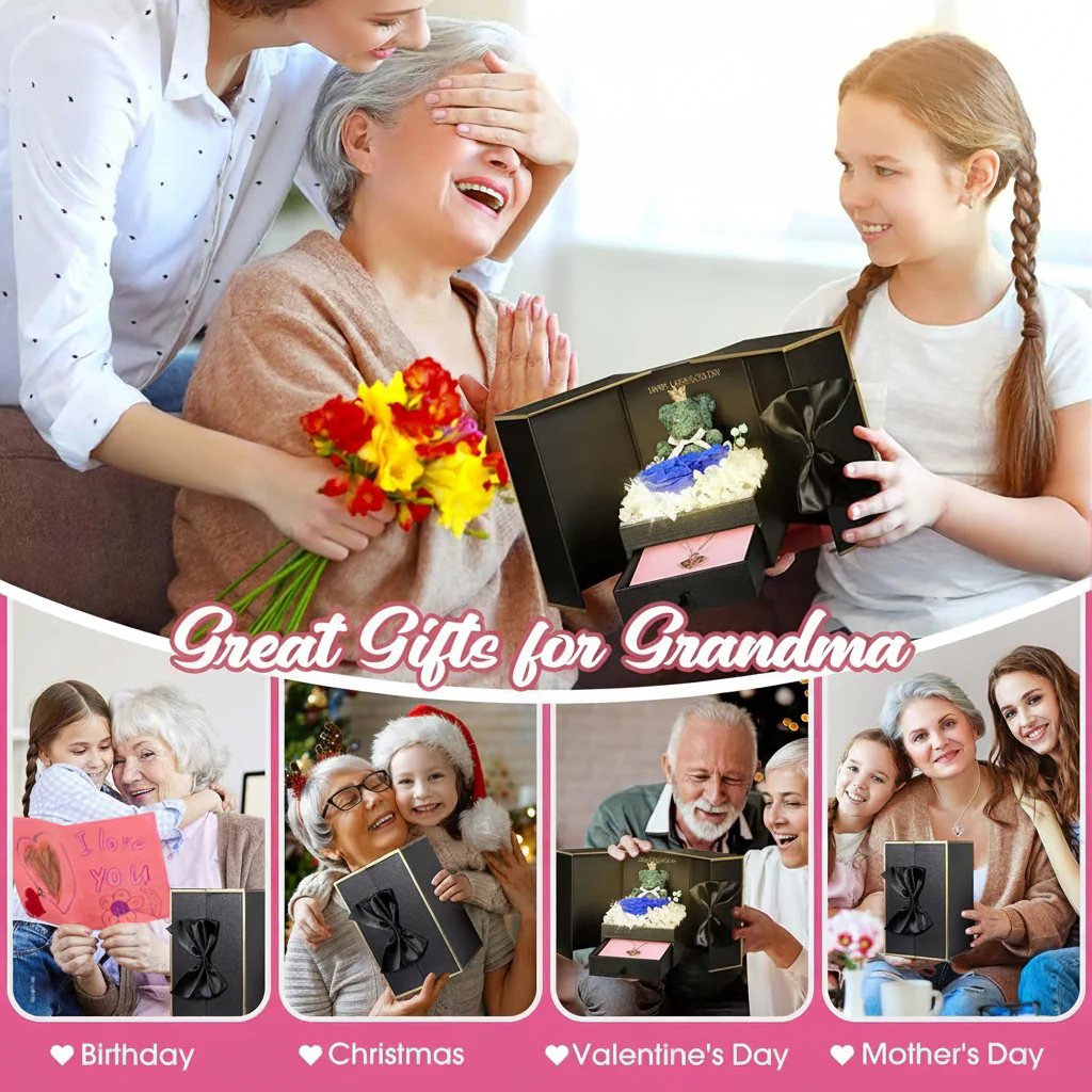 Gift Box Rose Preserved Heart Bear and Hidden Necklace