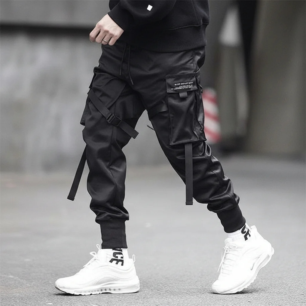 Mens Cargo Pants Black Adjustable Straps Durable Urban Trousers