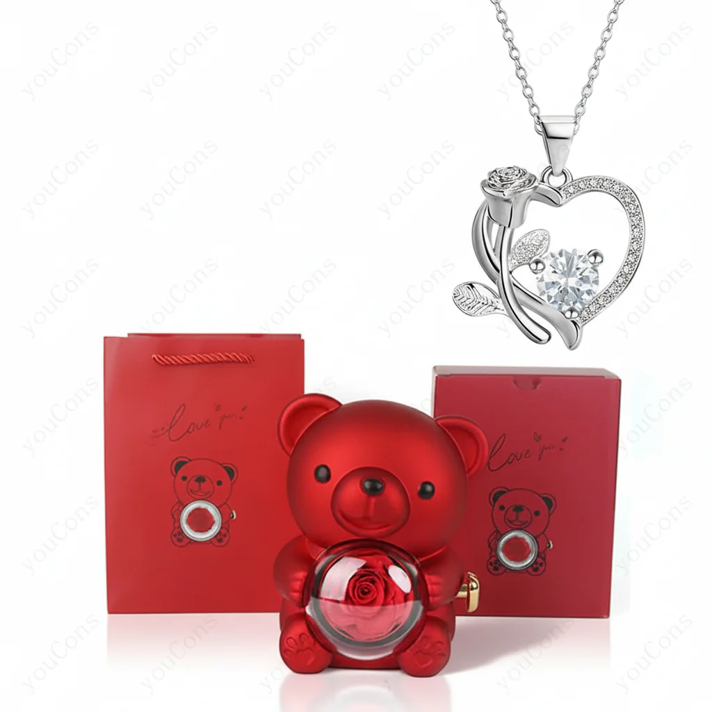Necklace Heart Pendant Zircon Bear Rose Gift Box Women