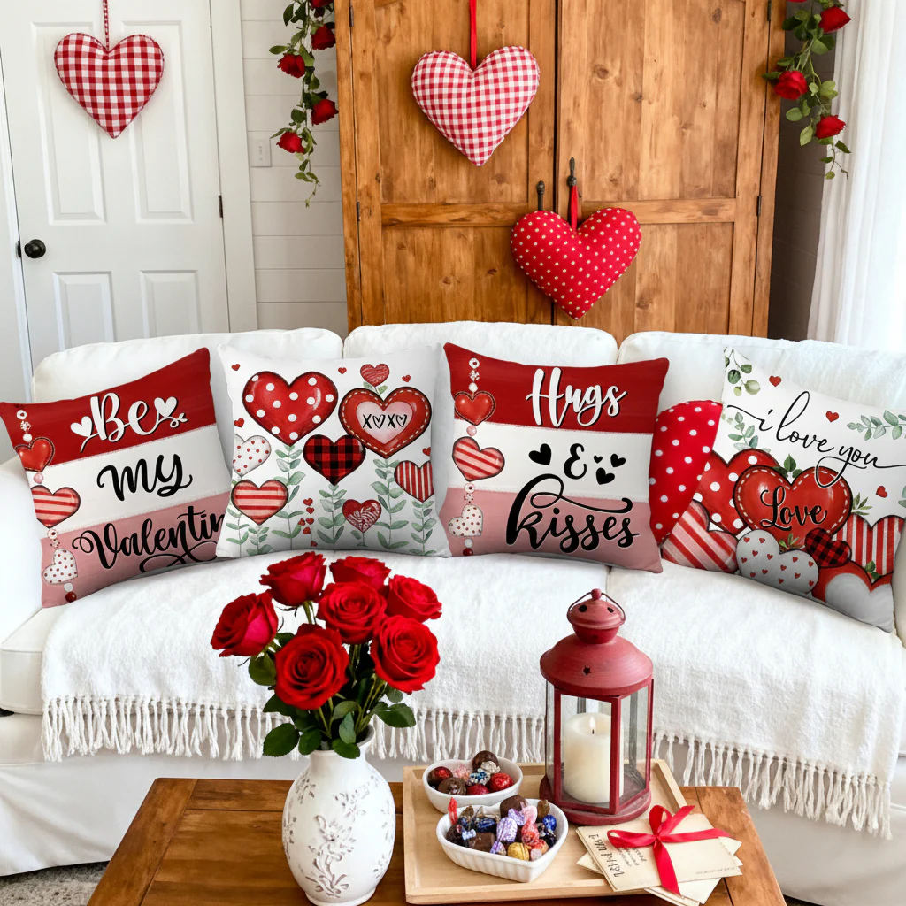 Throw Pillow Covers Valentine Heart Print Polyester Cushion Set
