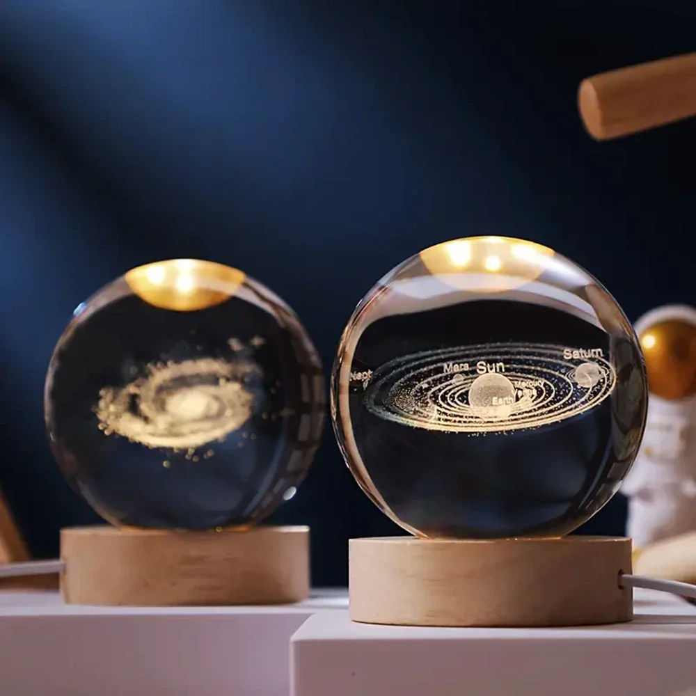 Night Light Crystal Ball 3D Planet Engraved LED Table Lamp