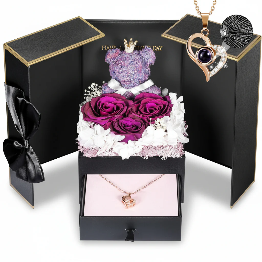 Gift Box Rose Preserved Heart Bear and Hidden Necklace