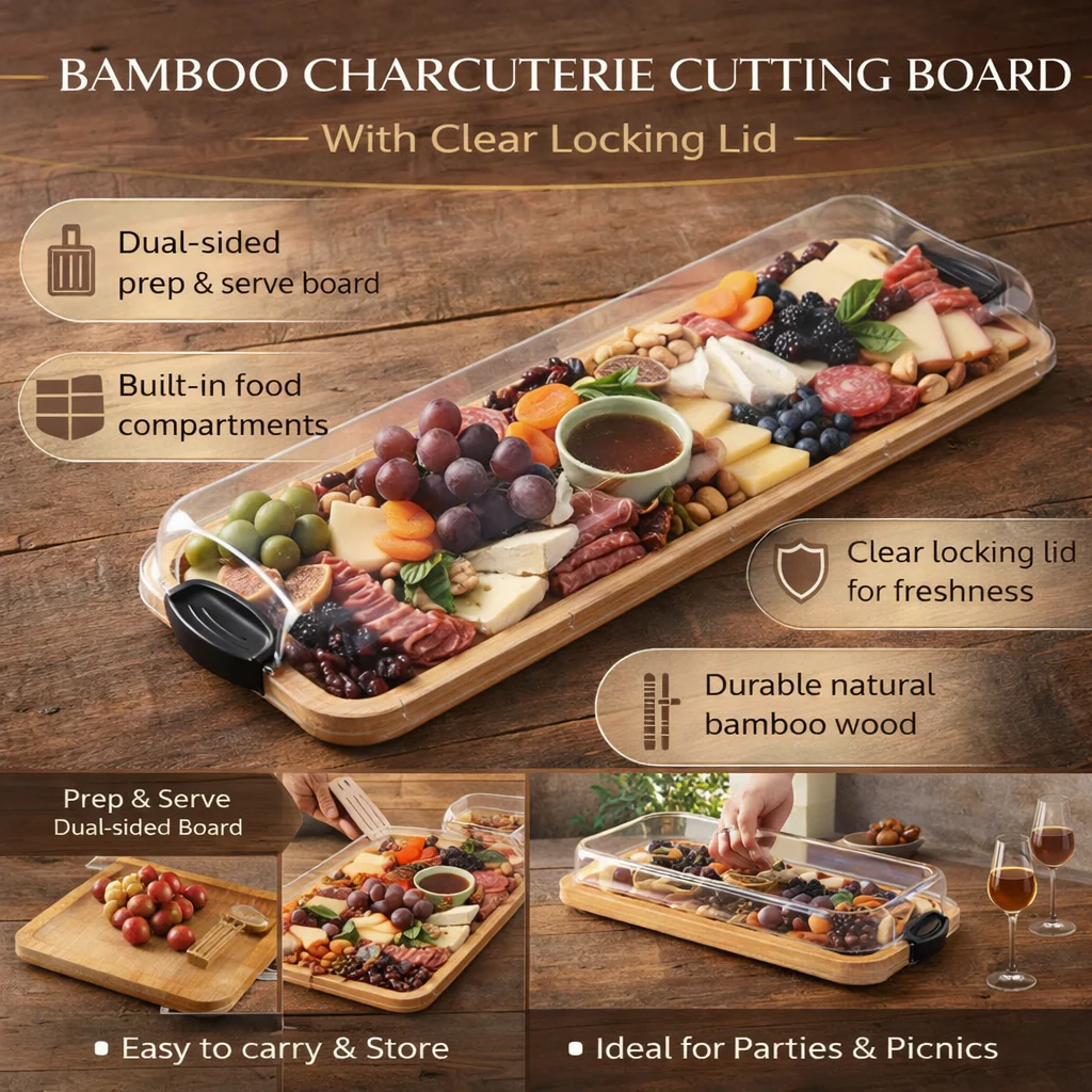 Cutting Board Charcuterie Bamboo Serving Tray Locking Lid