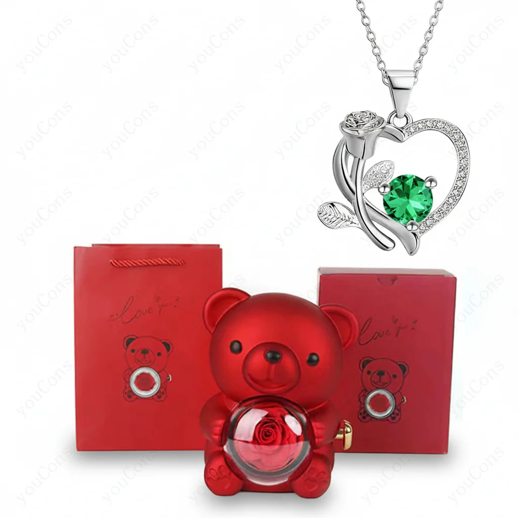 Necklace Heart Pendant Zircon Bear Rose Gift Box Women