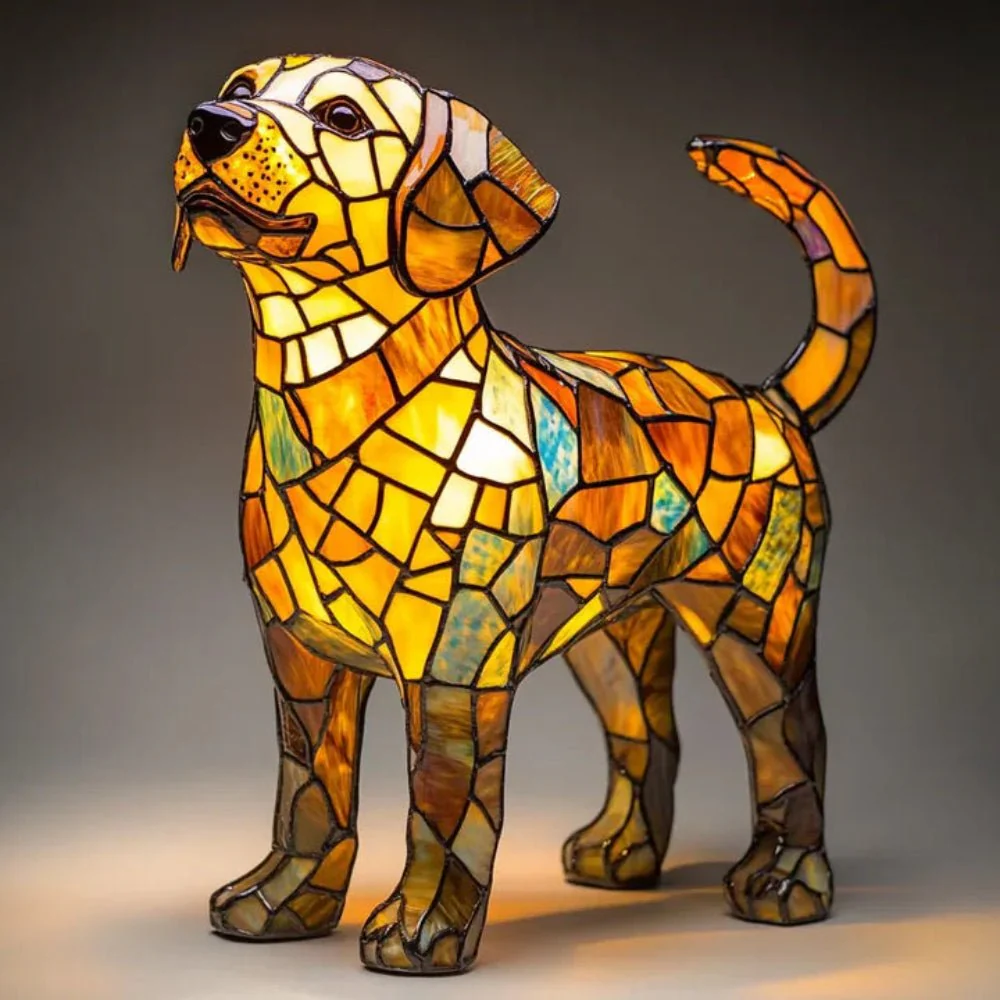 Table Lamp Stained Glass Dog Mosaic Style Animal Light