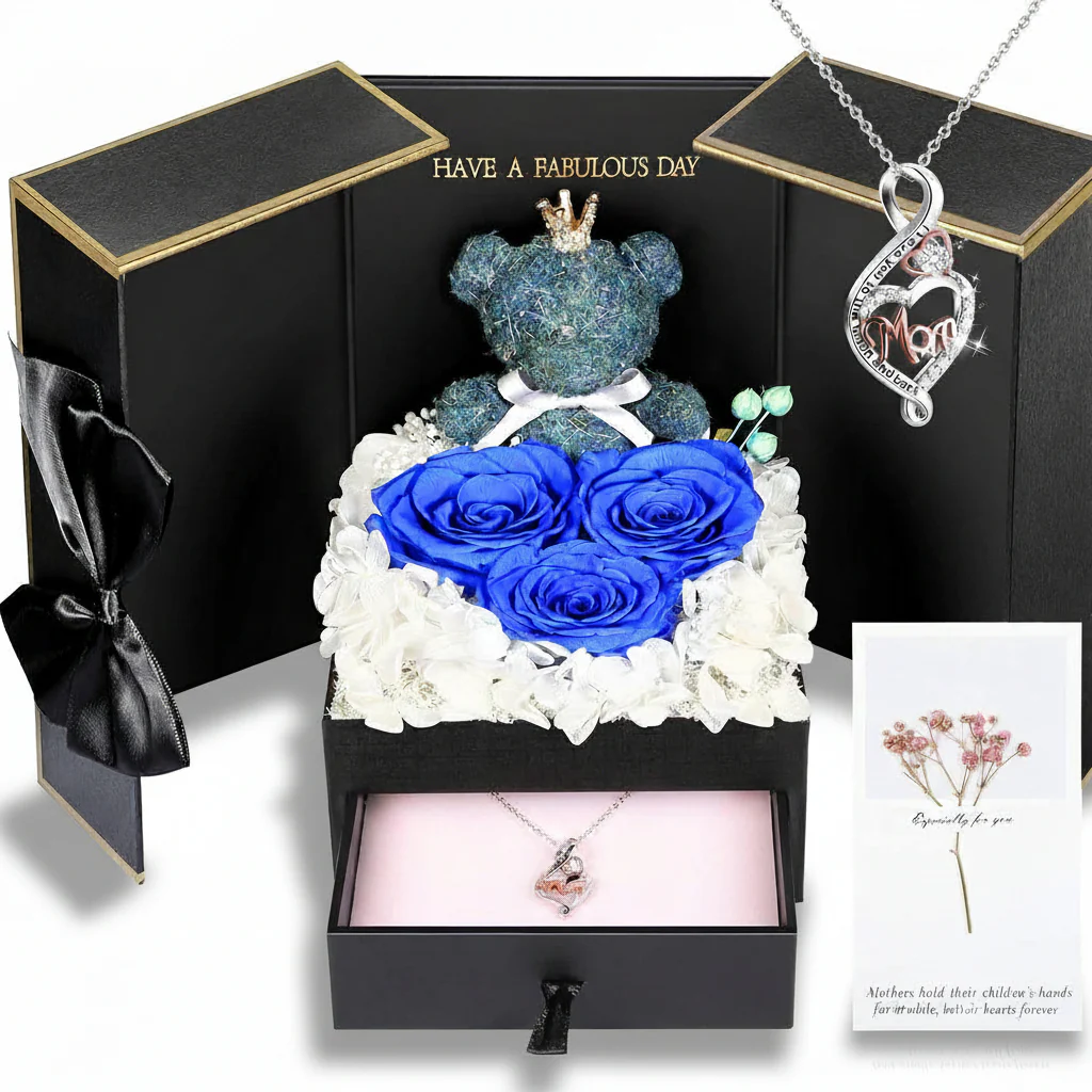 Gift Box Rose Preserved Heart Bear and Hidden Necklace