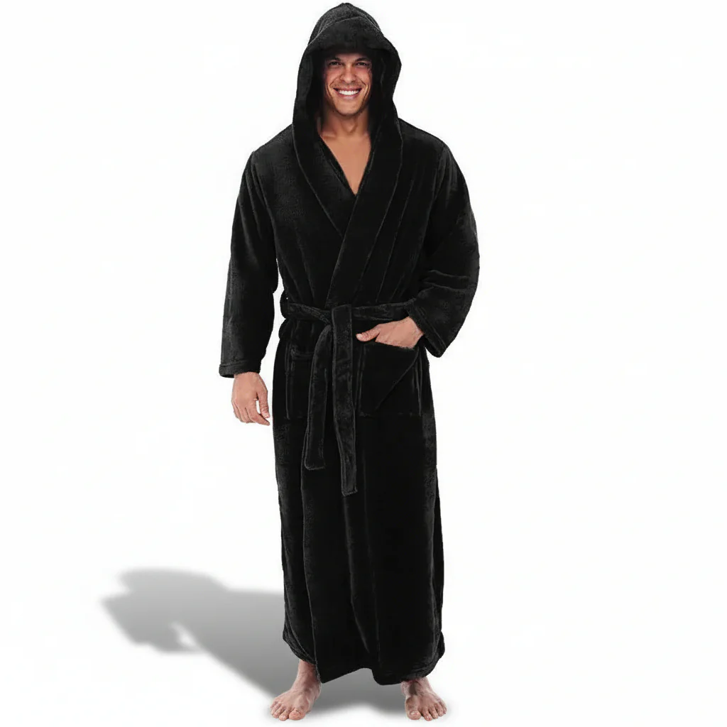 Bathrobe Hooded Mens Plush Long Robe Warm Winter Lounge Wear