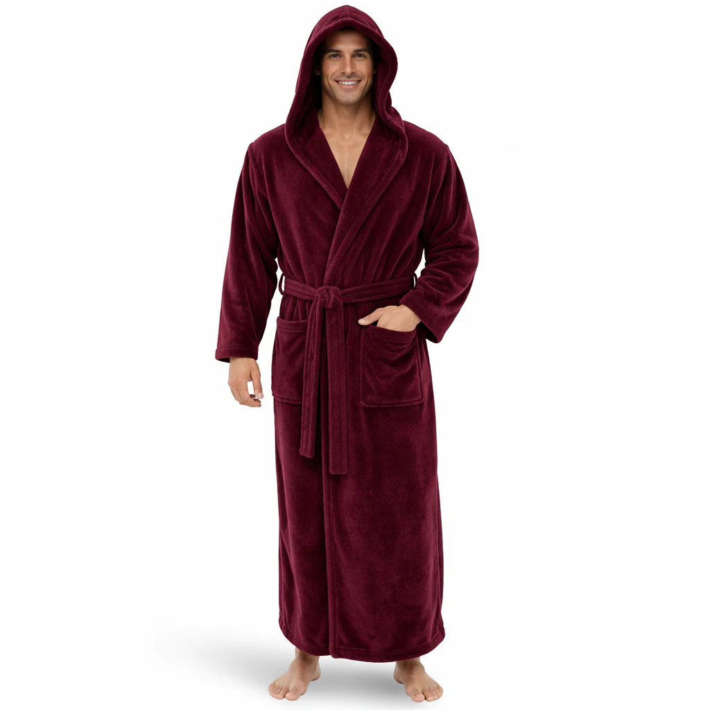 Bathrobe Hooded Mens Plush Long Robe Warm Winter Lounge Wear
