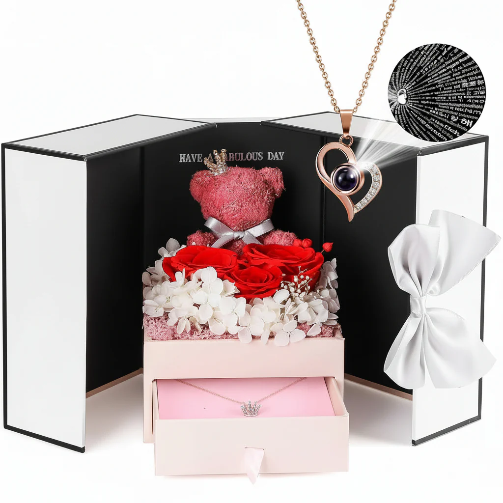 Gift Box Rose Preserved Heart Bear and Hidden Necklace