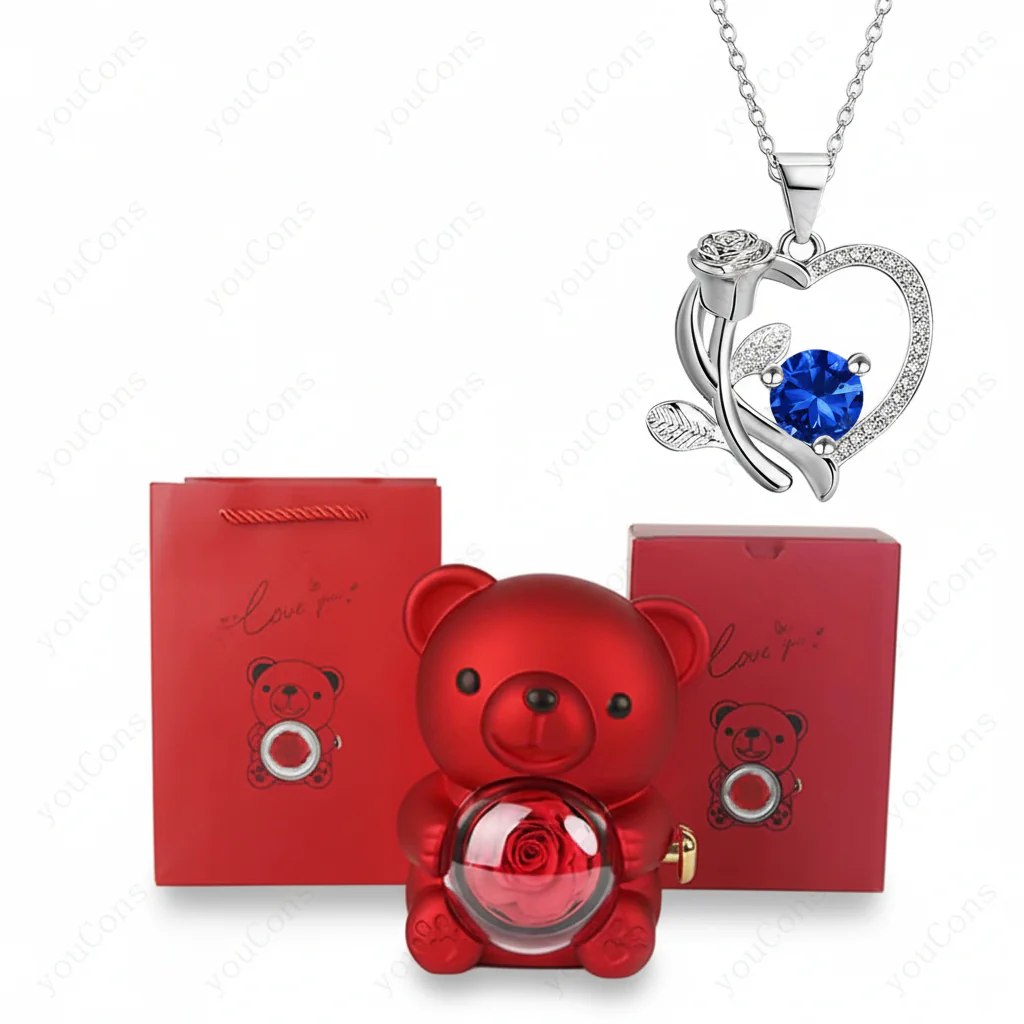 Necklace Heart Pendant Zircon Bear Rose Gift Box Women