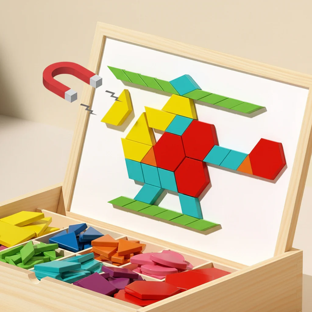 Magnetic Puzzle Wooden Pattern Blocks Educational STEM Toy Set