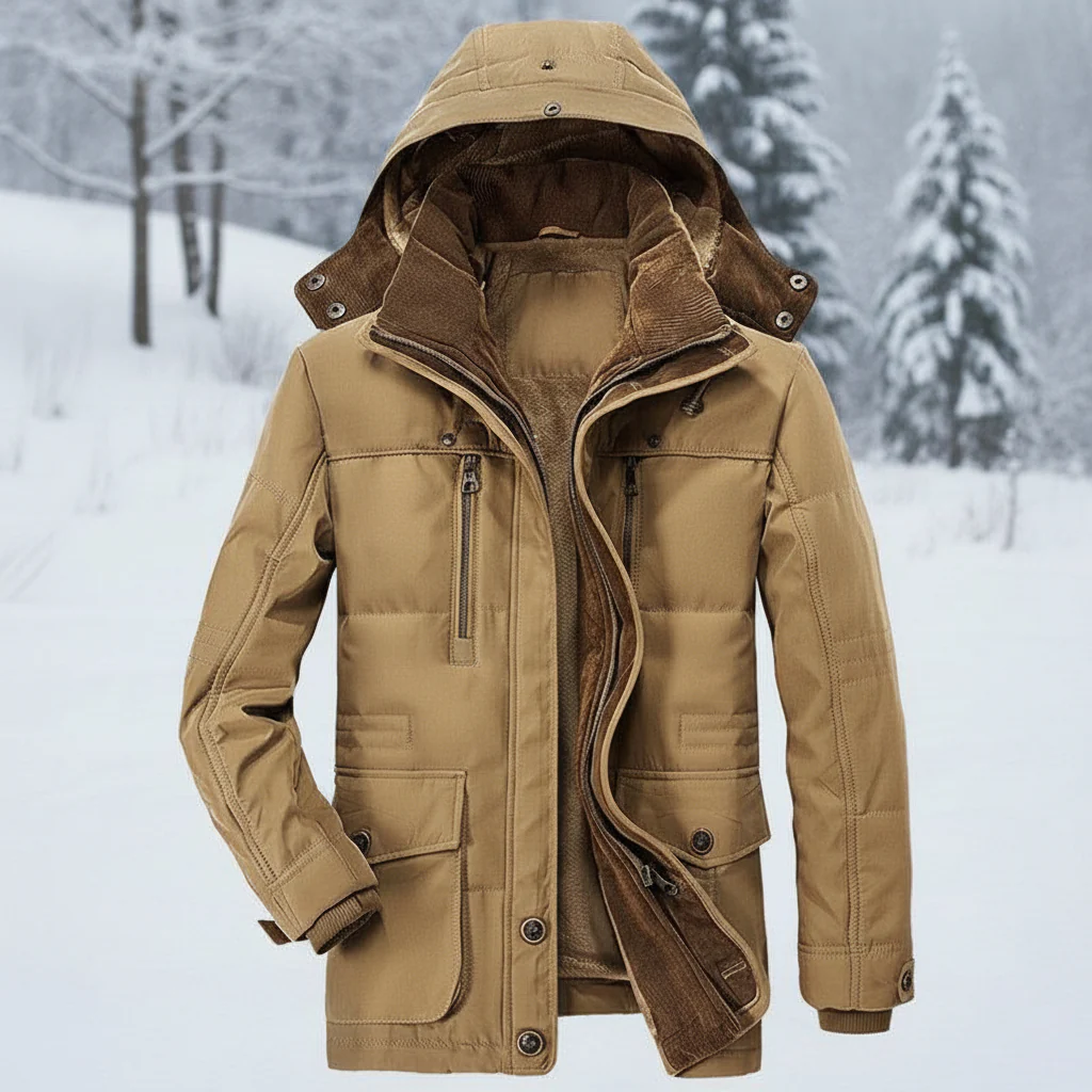 Men Winter Jacket Hooded Lined Parka Coat Windproof Insulated