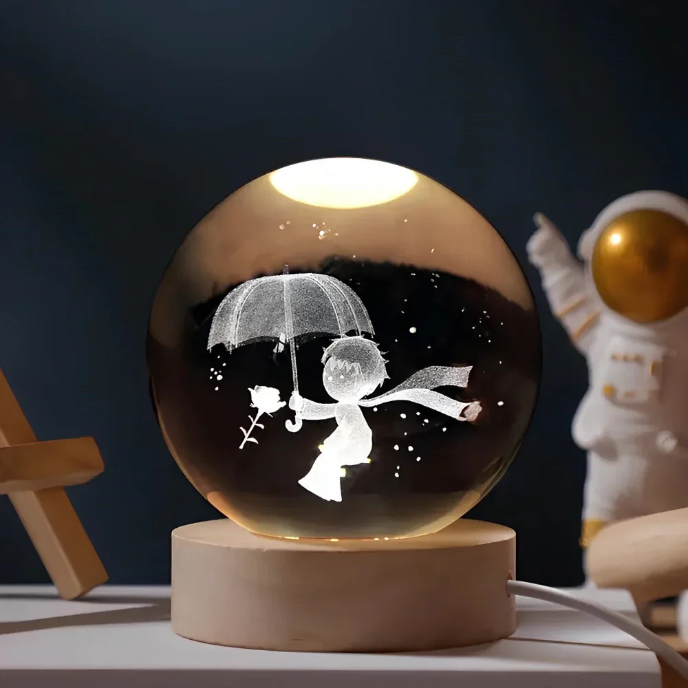 Night Light Crystal Ball 3D Planet Engraved LED Table Lamp