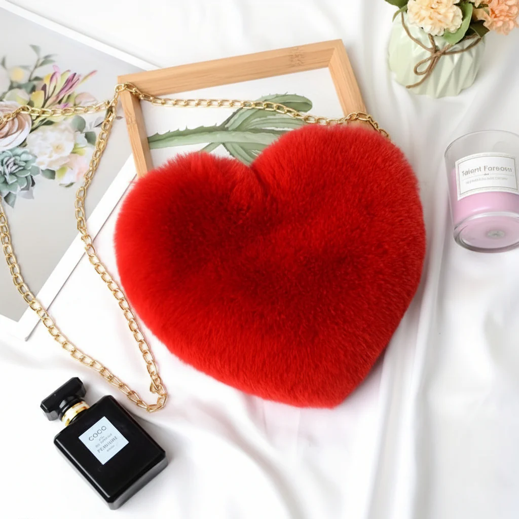 Shoulder Bag Faux Fur Heart Crossbody Chain Purse