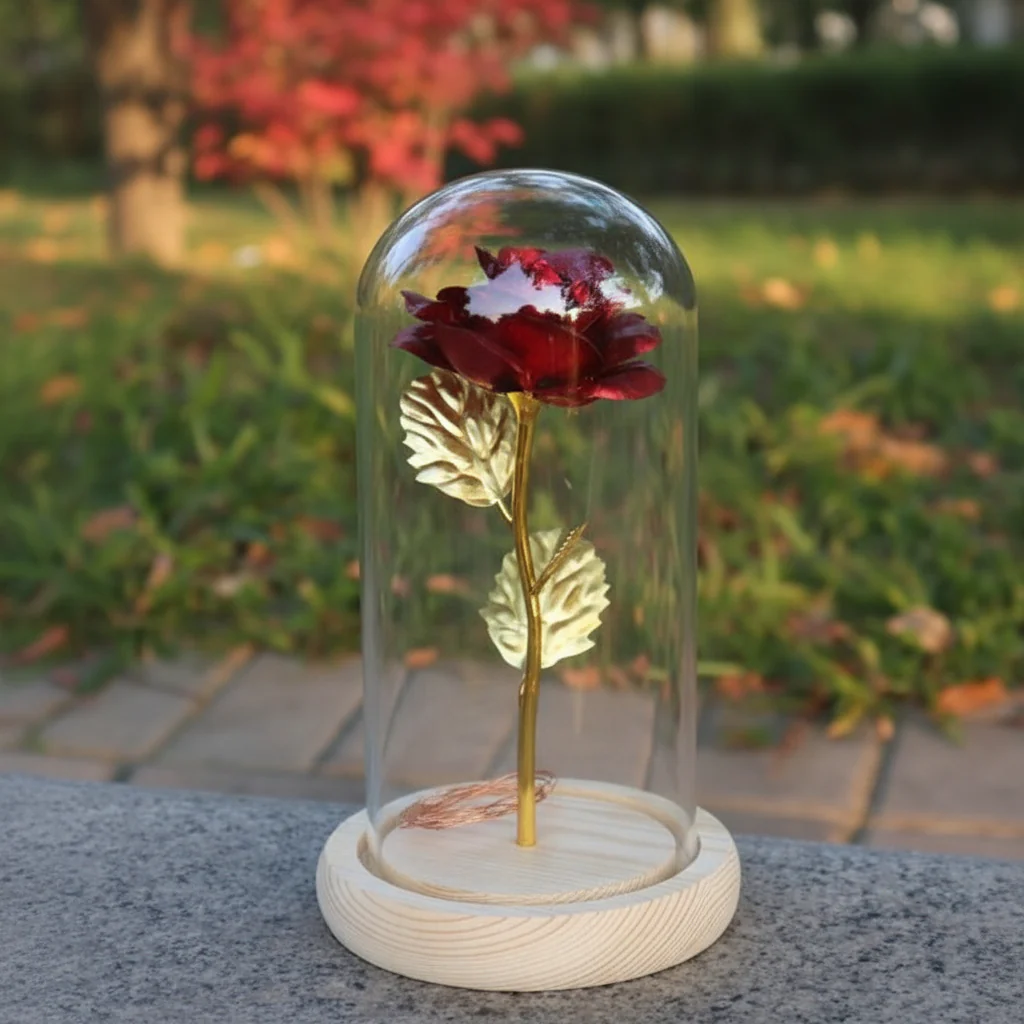 Table Lamp Glass Dome Rose Led Lights Wooden Base