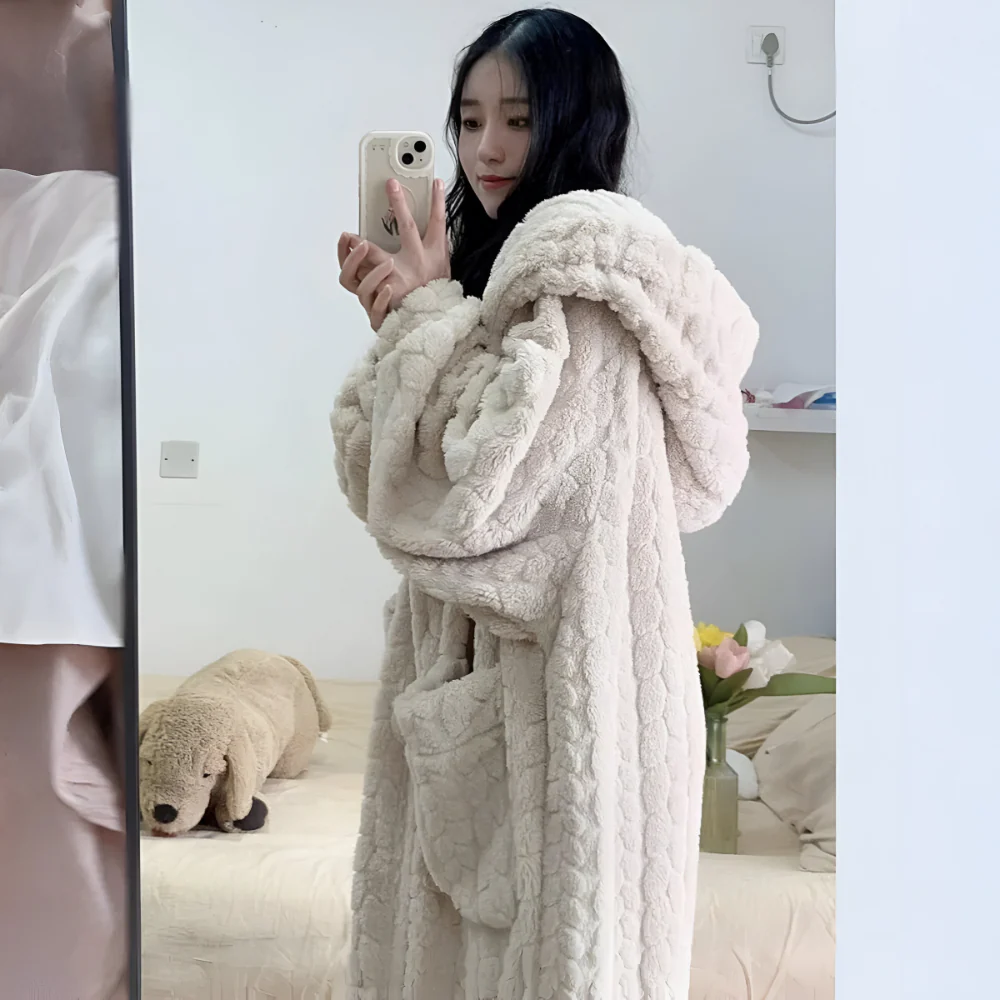 Womens Bathrobe Hooded Long Sleeve Lounge Robe Winter Style