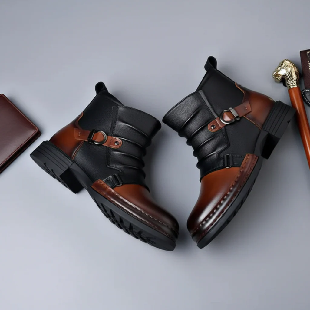 Men Ankle Boots Leather Buckle Side Zip Casual Dress Shoes