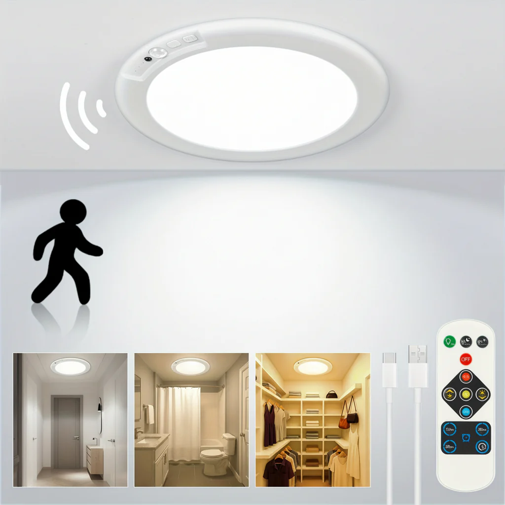 Ceiling Light Motion Sensor Rechargeable LED Flush Mount Lamp
