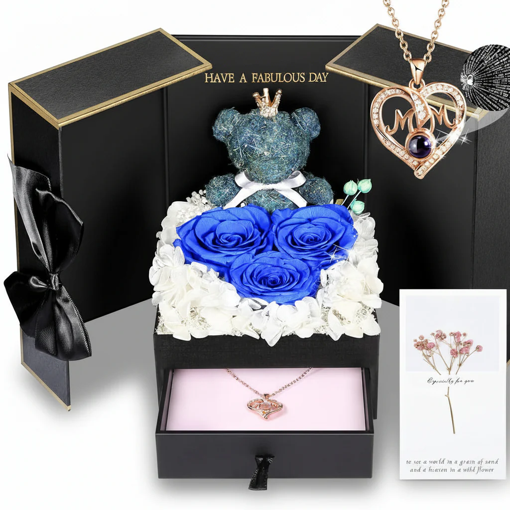 Gift Box Rose Preserved Heart Bear and Hidden Necklace