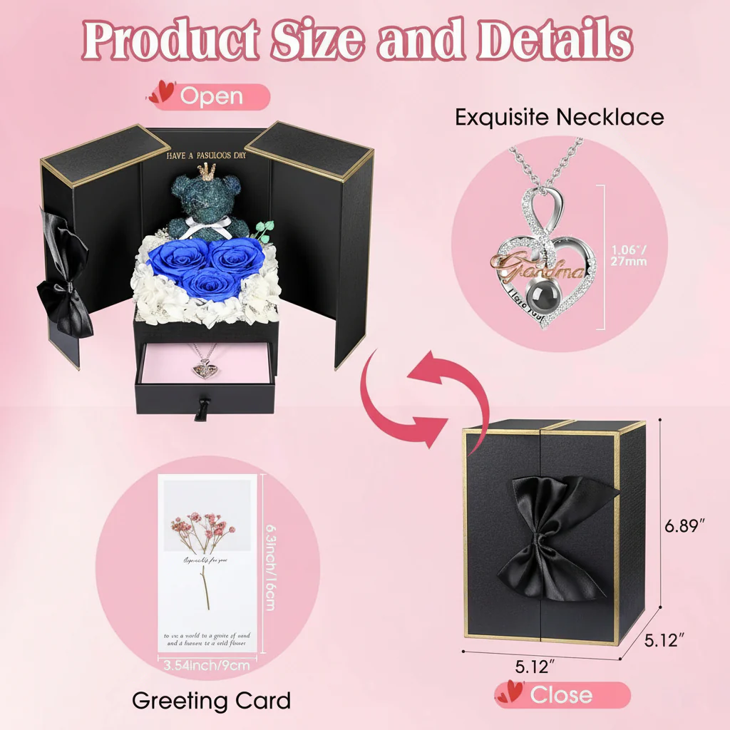 Gift Box Rose Preserved Heart Bear and Hidden Necklace