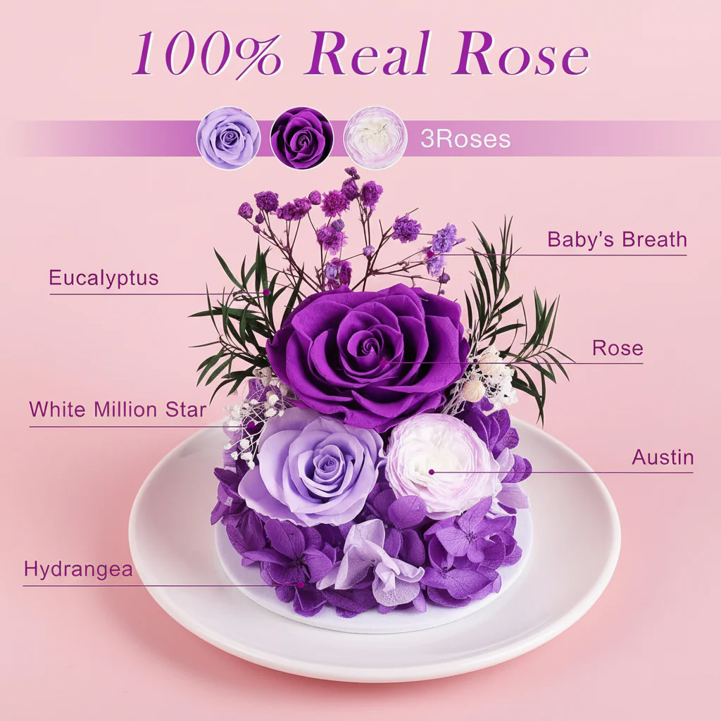 Flower Gift Glass Dome Preserved Rose Angel Light Display