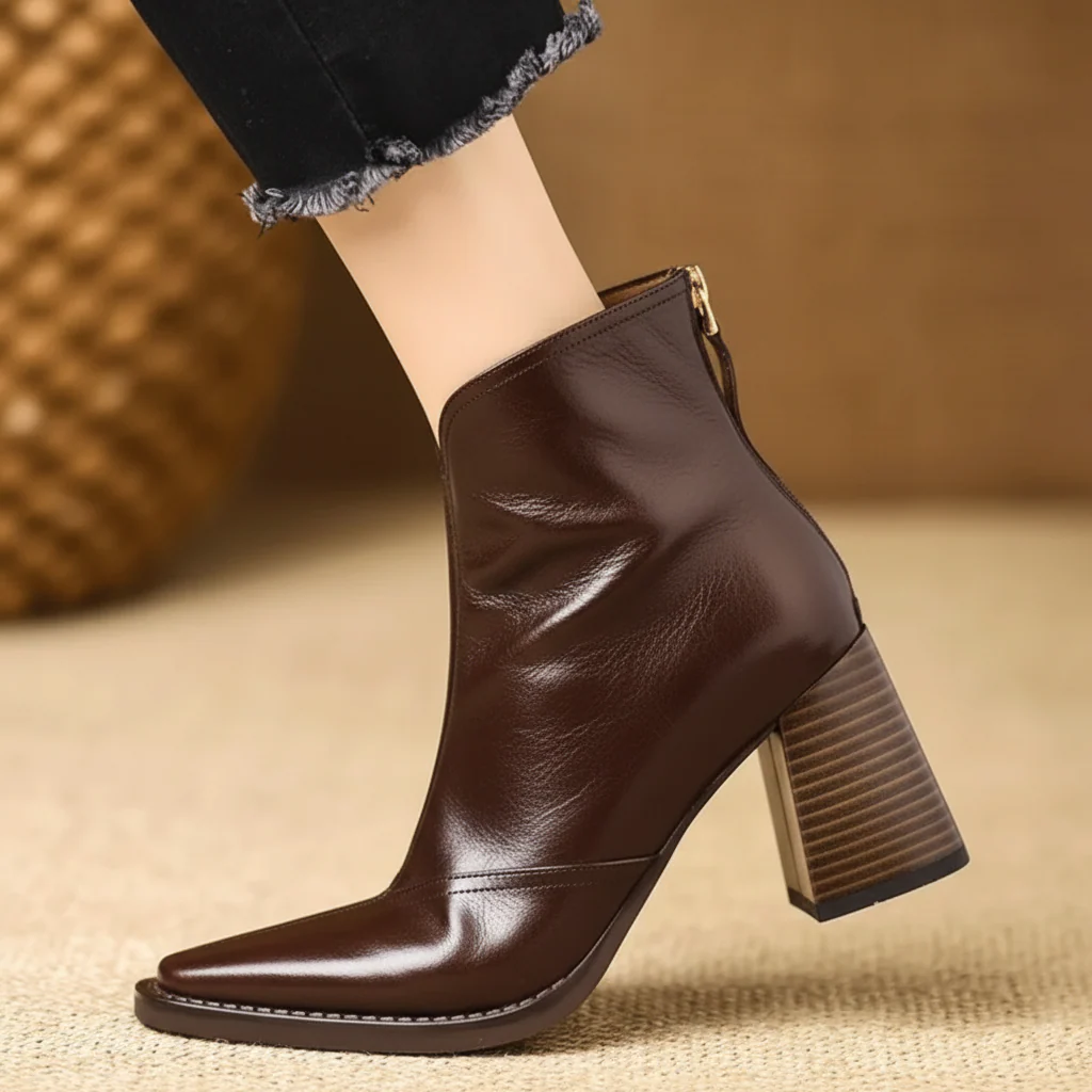 Ankle Boots Women Mid Heel Zipper Casual Dress Shoes