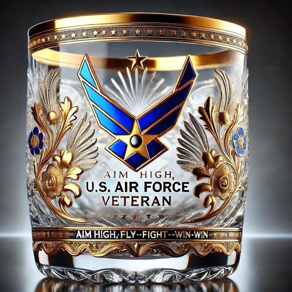 Whiskey Glass Military Veteran Gold Embossed Display Drinkware
