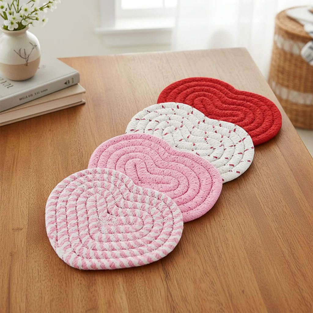Table Coasters Heart Shaped Woven Polyester Heat Resistant Mats