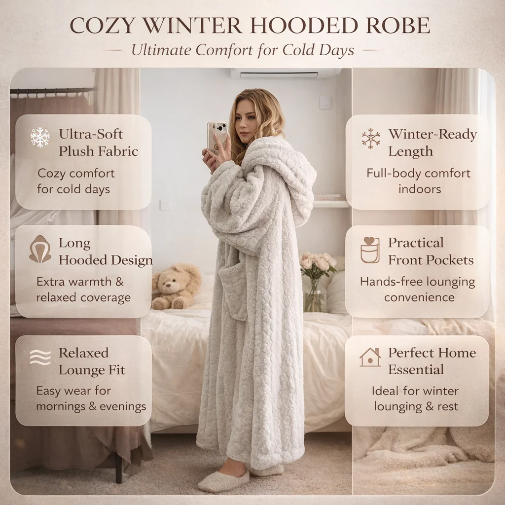 Womens Bathrobe Hooded Long Sleeve Lounge Robe Winter Style