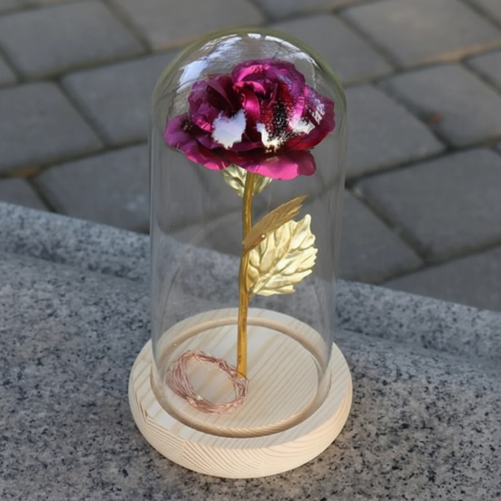 Table Lamp Glass Dome Rose Led Lights Wooden Base