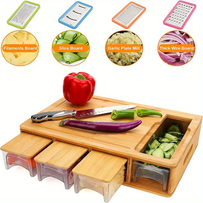Bamboo Cutting Board with Storage Trays & Graters | Multifunctional Kitchen Prep Station