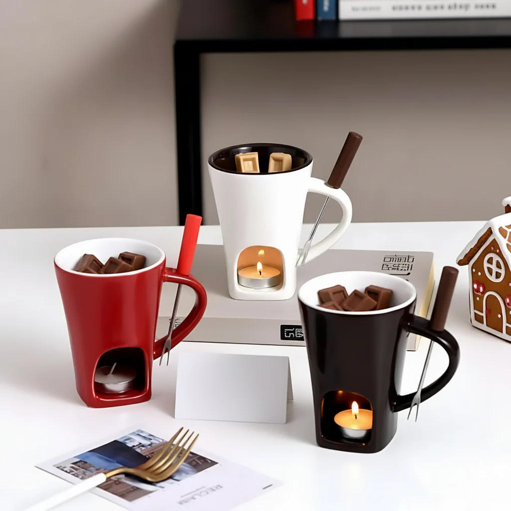 Fondue Set Ceramic Candle Heated Chocolate Cheese Dessert Pot