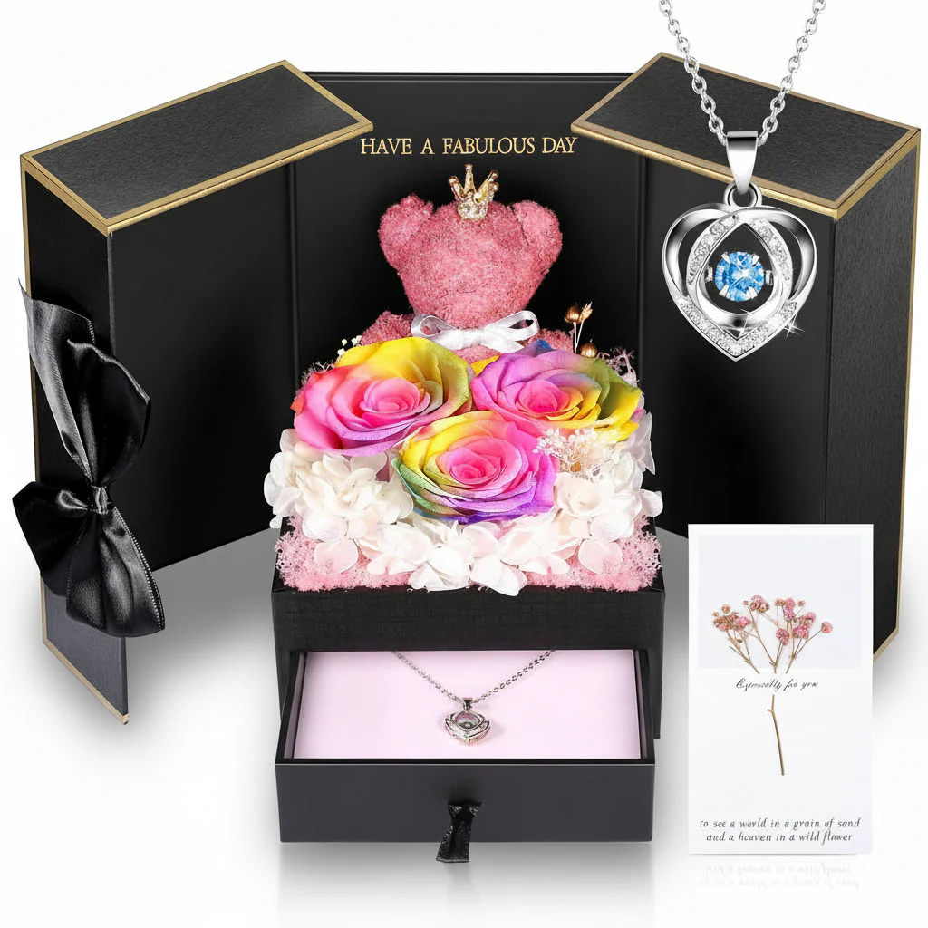 Gift Box Rose Preserved Heart Bear and Hidden Necklace