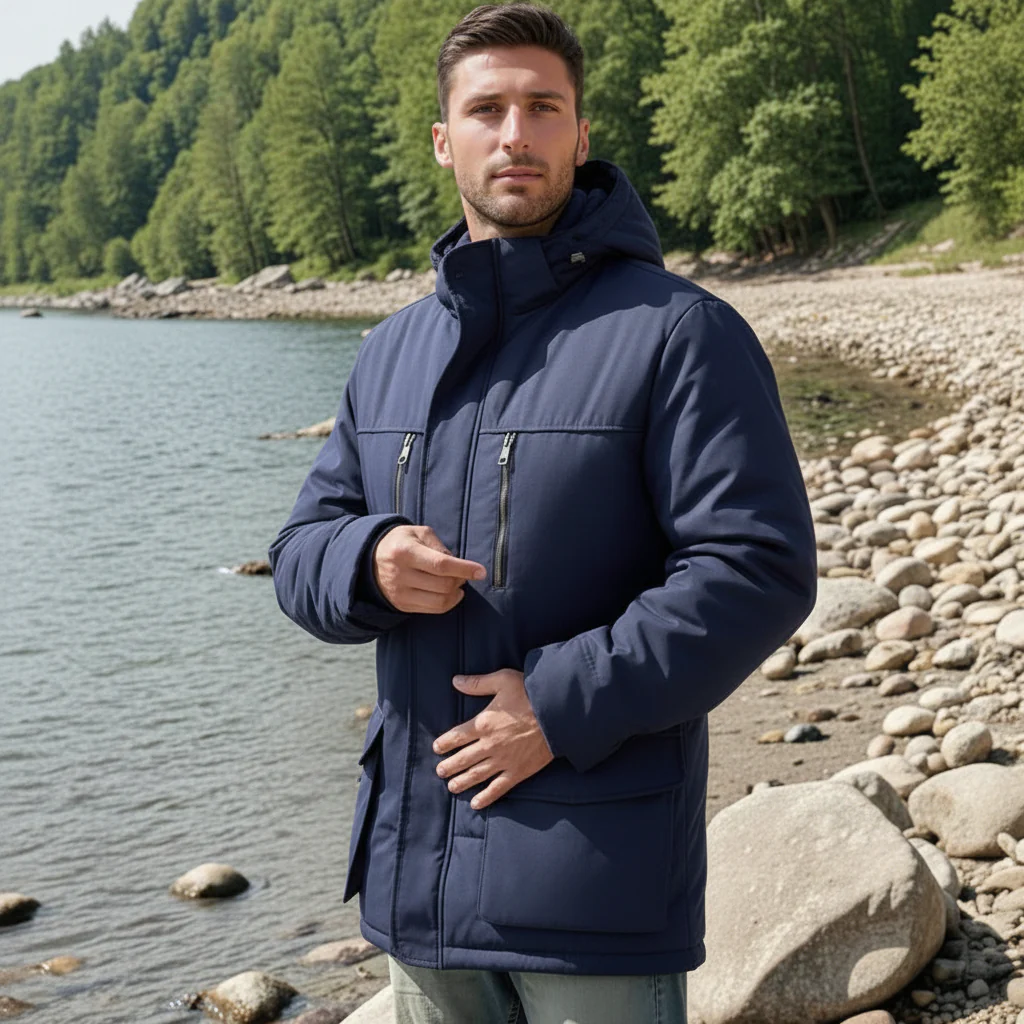 Men Winter Jacket Hooded Lined Parka Coat Windproof Insulated