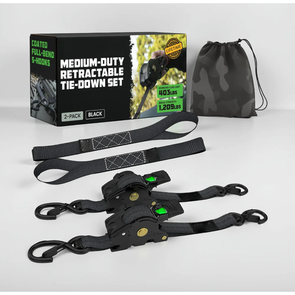 Ratchet Straps Cargo Retractable Tie Down Heavy Duty Hook Set