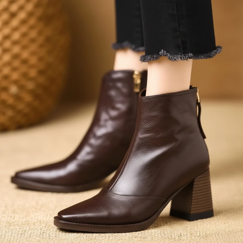 Ankle Boots Women Mid Heel Zipper Casual Dress Shoes