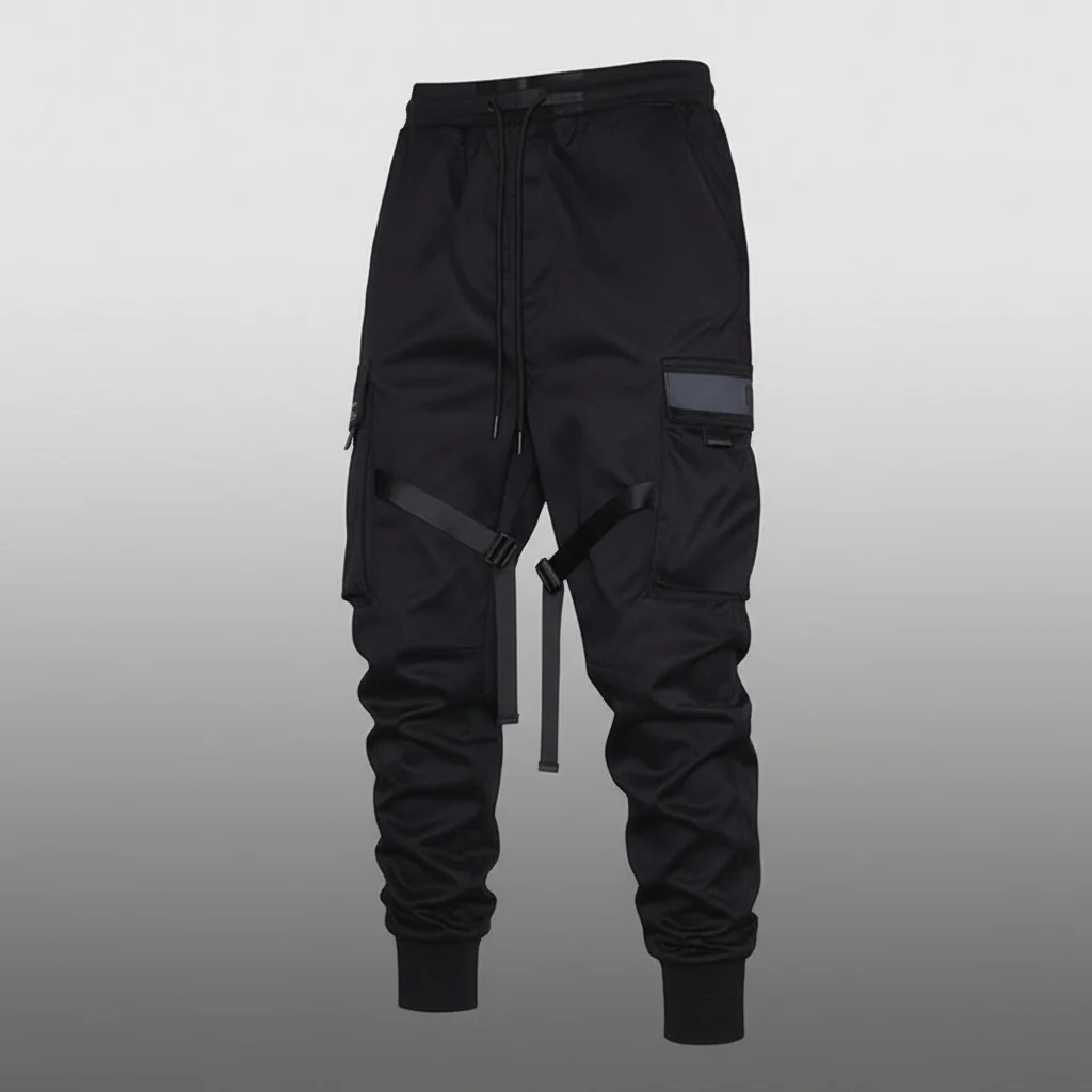 Mens Cargo Pants Black Adjustable Straps Durable Urban Trousers