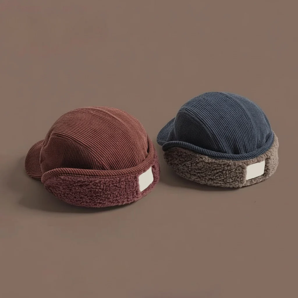 Winter Ear Flap Cap Ribbed Knit Polar Fleece Unisex